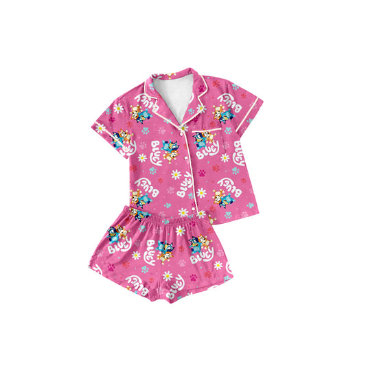 Preorder (moq 5)Baby Girls Hot Pink Cartoon Dogs Paws Buttons Pocket Top Shorts Pajamas Sets
