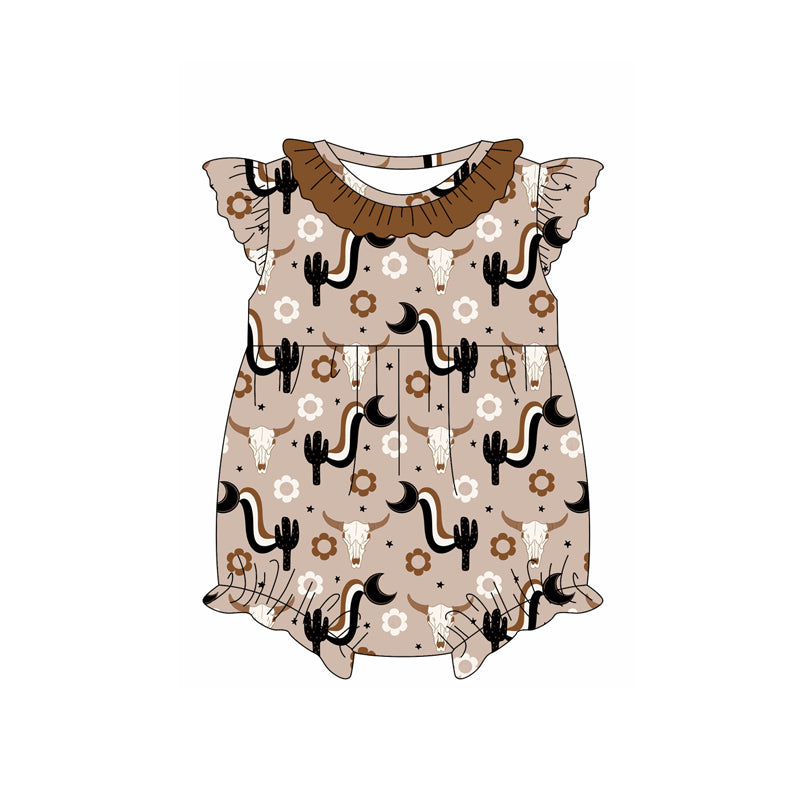 Preorder(moq 5)Baby Infant Girls Western Cow Cactus Brown Summer Rompers