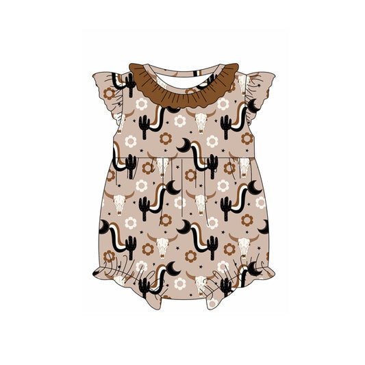 Preorder(moq 5)Baby Infant Girls Western Cow Cactus Brown Summer Rompers