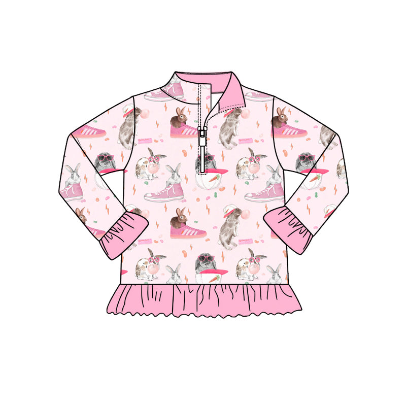 Preorder (moq 5) Baby Girl Clothes Cool Bunny Pink Sneaker Carrot Print Long Sleeve Quarter Zip Ruffle Hem Top