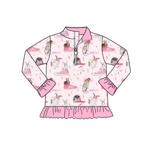 Preorder (moq 5) Baby Girl Clothes Cool Bunny Pink Sneaker Carrot Print Long Sleeve Quarter Zip Ruffle Hem Top