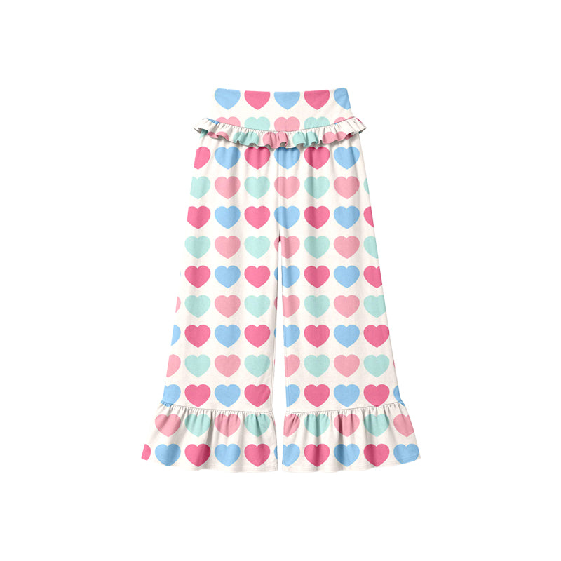Preorder (moq 5) Baby Girl Clothes Pastel Color Heart Mixed Print Long Waist Ruffle Bell Bottom Pants