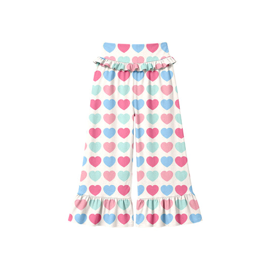 Preorder (moq 5) Baby Girl Clothes Pastel Color Heart Mixed Print Long Waist Ruffle Bell Bottom Pants