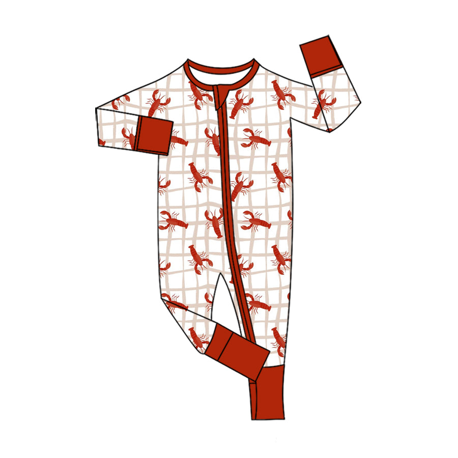 Preorder (moq 5) Baby Clothes Crawfish Grid Print Long Sleeve Zipper Romper