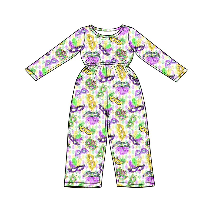 Preorder (moq5) Baby Girl Clothes Mardi Gras Diamond Mask Print Long Sleeve Elastic Waist Wide Leg Jumpsuit