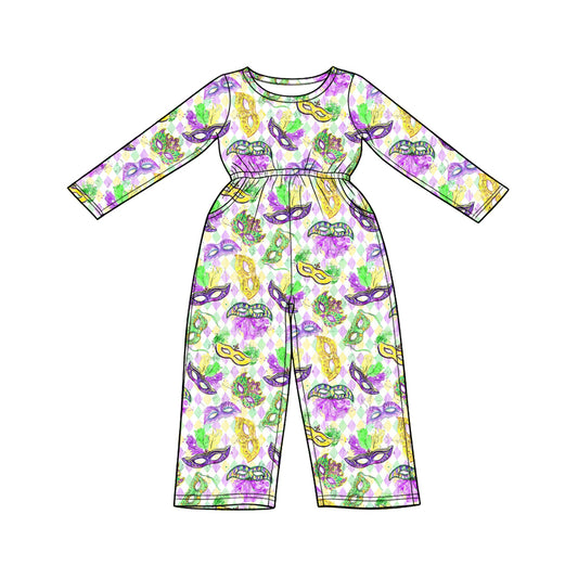 Preorder (moq5) Baby Girl Clothes Mardi Gras Diamond Mask Print Long Sleeve Elastic Waist Wide Leg Jumpsuit