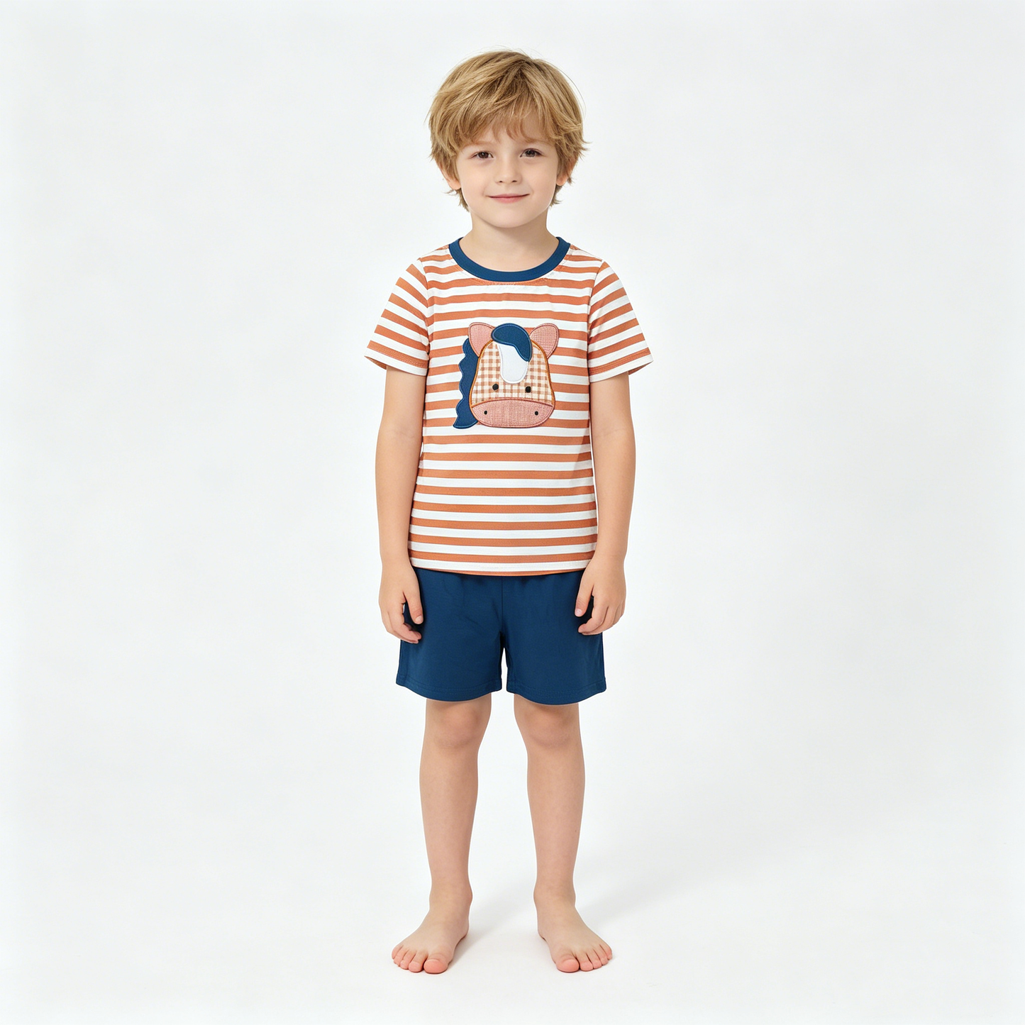 Embroidery Horse Baby Boys Stripe Top Shorts Western Farm Clothes Sets