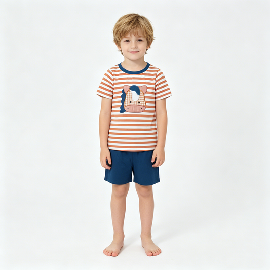 Embroidery Horse Baby Boys Stripe Top Shorts Western Farm Clothes Sets