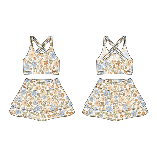 Preorder moq 10 Baby Girls Strap Khaki Blue Flowers Activity Wear Vests Top Short Skirts Yoga Set
