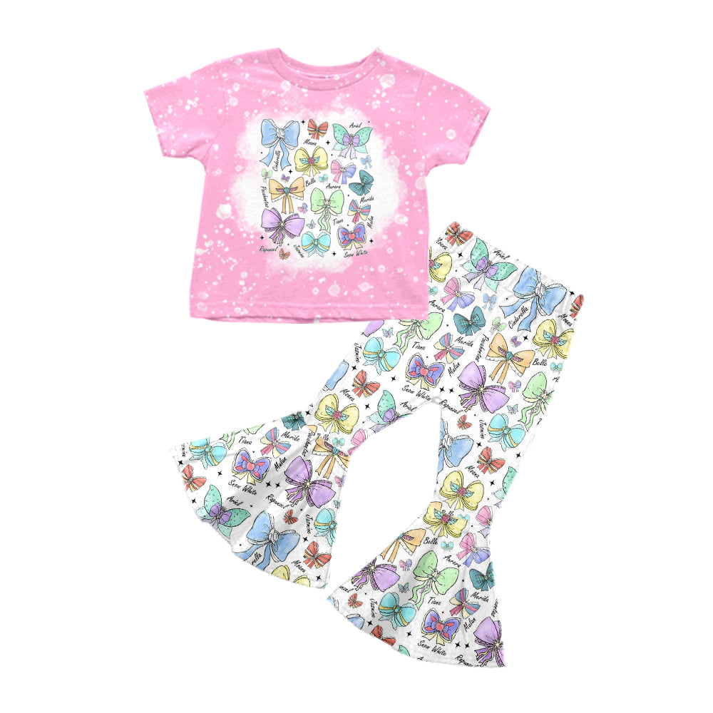 Preorder (moq 5)Baby Girls Pink Short Sleeves Colorful Bows Top Bell Bottom Pant Set