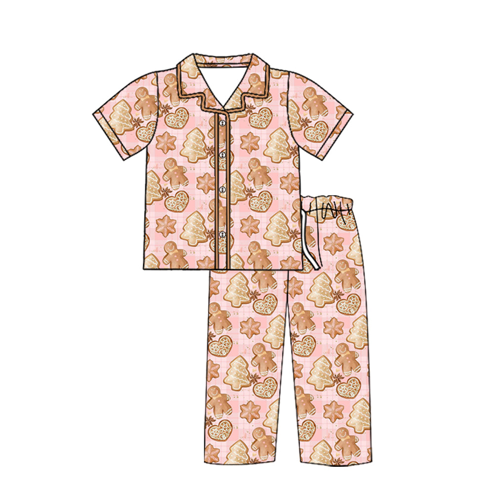 Preorder moq 5 Adult Women Short Sleeves Pink Gingerbread Trees Button Top Pant Pajamas Set