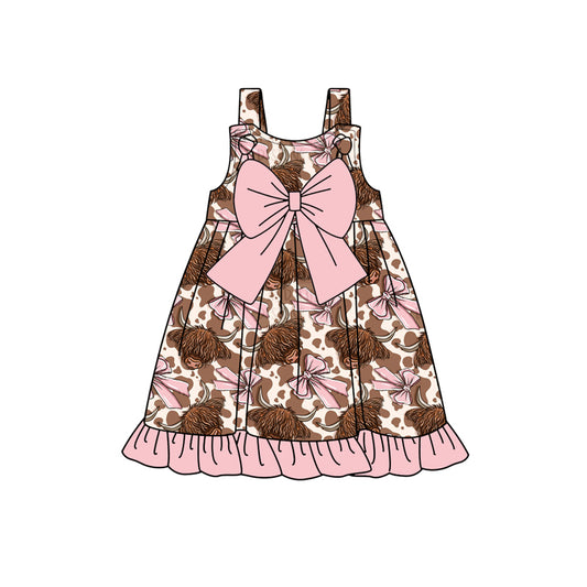 Preorder (moq 5)Baby Girls Western Pink Highland Cow Bow Knee Length Dresses