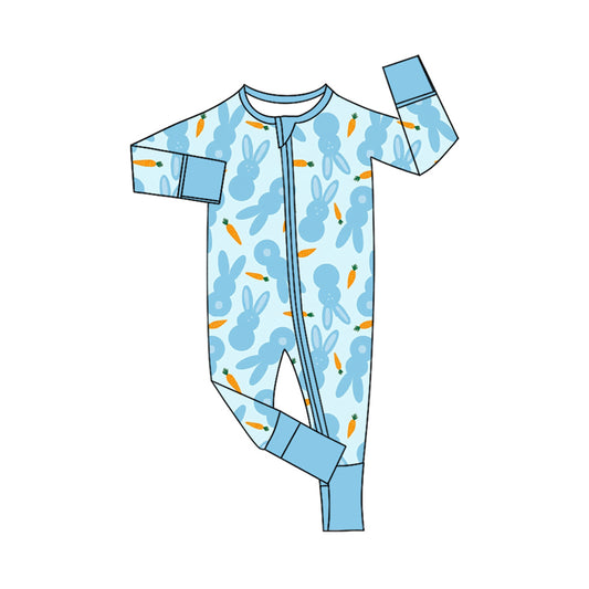 Preorder (moq 5) Baby Boy Clothes Easter Light Blue Bunny Carrot Silhouette Print Long Sleeve Zipper Romper