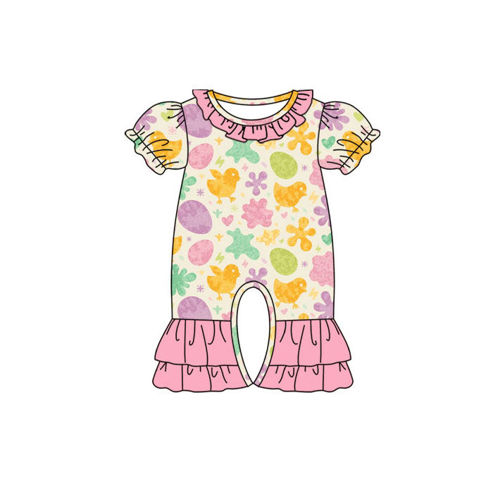 Preorder (moq 8)Baby Girls Colorful Eggs Chicks Flowers Easter Ruffle Footie Rompers
