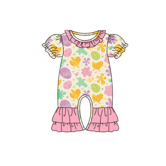 Preorder (moq 8)Baby Girls Colorful Eggs Chicks Flowers Easter Ruffle Footie Rompers