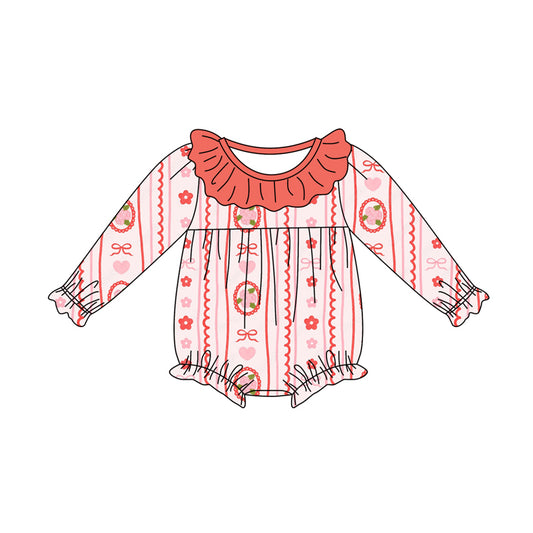 Preorder(moq 5)Baby Girls Pink Flowers Bows Stripe Ruffle Rompers