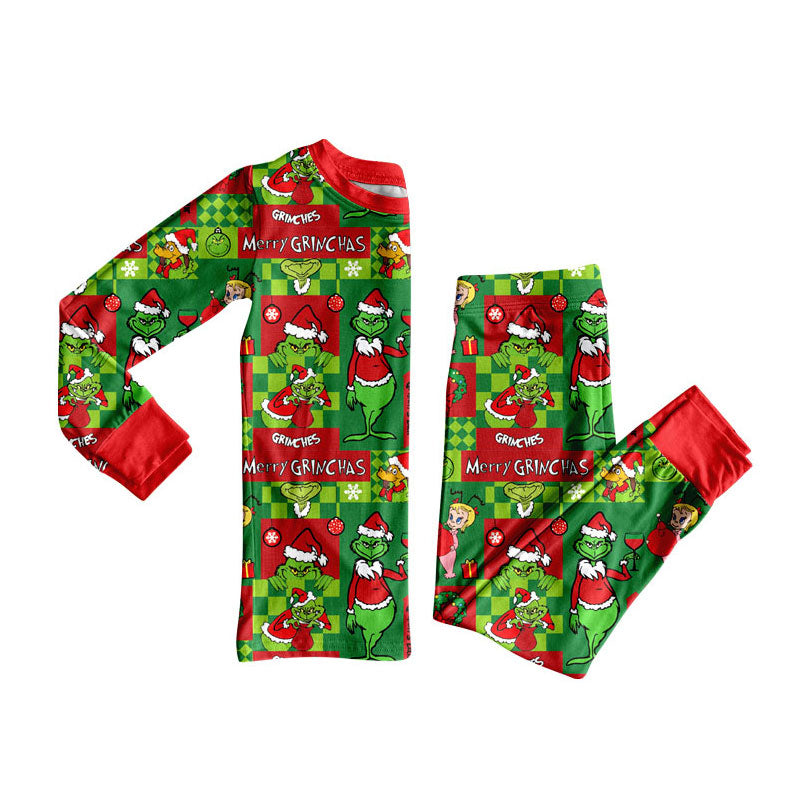 Preorder (moq 5)Baby Boys Green Faces Miss Top Pants Christmas Pajamas Sets