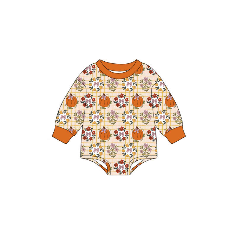 Preorder (moq 5)Baby Girls Long Sleeve Flowers Pumpkins Checked Fall Rompers