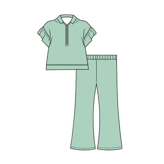 Preorder (moq 5)Baby Girls Green Short Ruffle Sleeve Zip Pullovers Flare Pants Clothes Sets