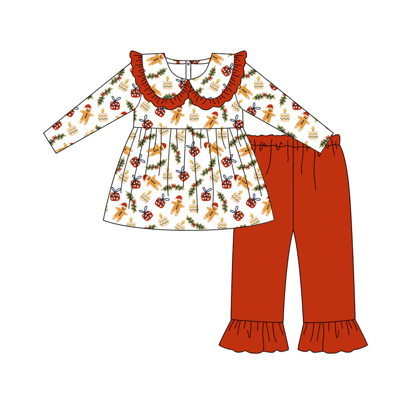 Preorder(moq 5) Baby Girls Christmas Gingerbread Gifts Tunic Top Ruffle Pants Sets