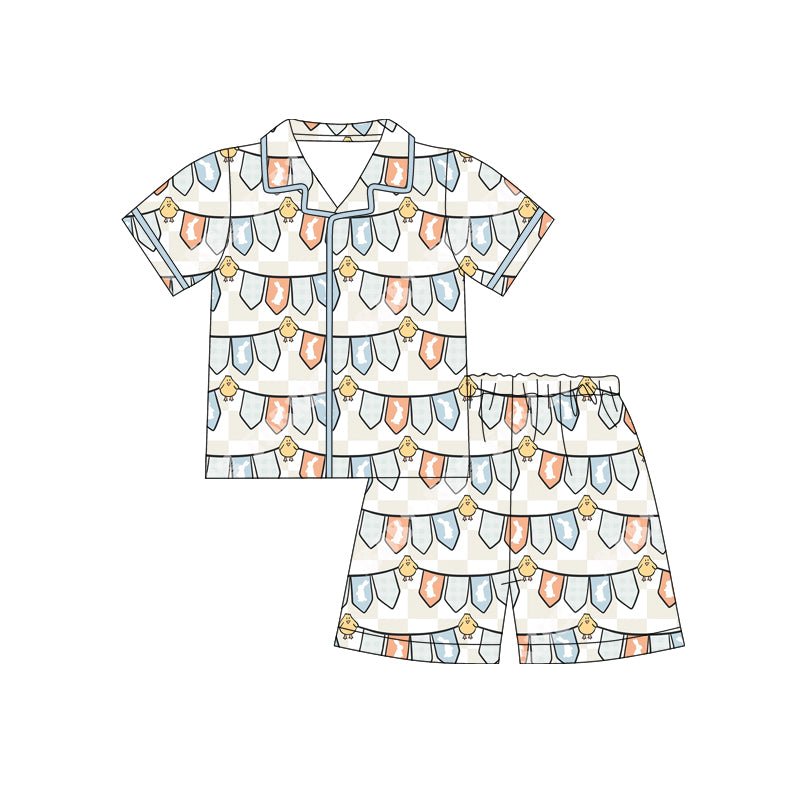 Preorder (moq 5)Baby Boys Blue Rabbits Chicks Checked Button Top Shorts Easter Pajamas Sets