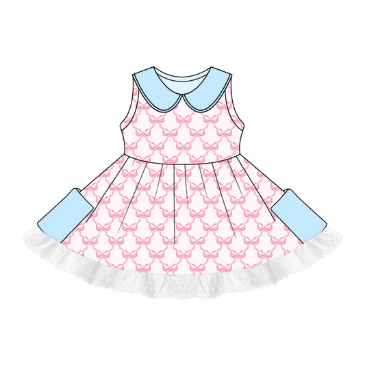 Preorder (moq 5)Baby Girls Pink Bows Lace Pockets Twirl Dresses