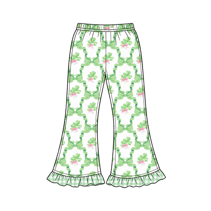 Preorder (moq 5) Baby Girl Clothes Green Clover Bow Plaid Print Long Sleeve Ruffle Flare Pant