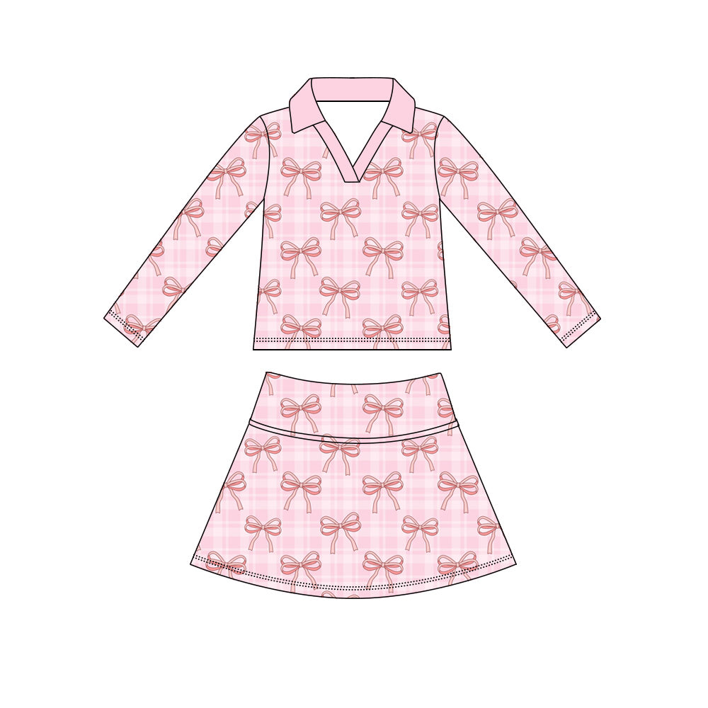 Preorder (moq 5)Baby Girls Long Sleeve Pink Bows Checked Top Skirt Short Clothes Sets