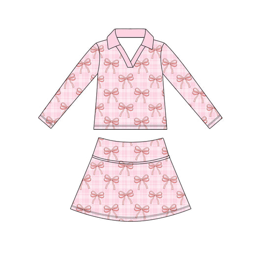 Preorder (moq 5)Baby Girls Long Sleeve Pink Bows Checked Top Skirt Short Clothes Sets