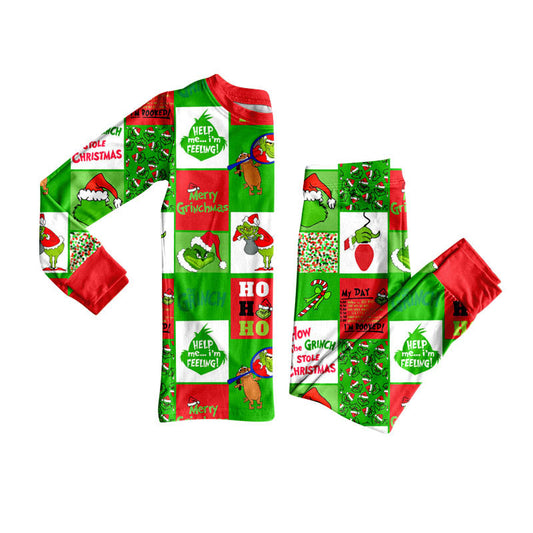 Preorder (moq 5)Baby Boys Green Faces Checked Top Pants Christmas Pajamas Sets