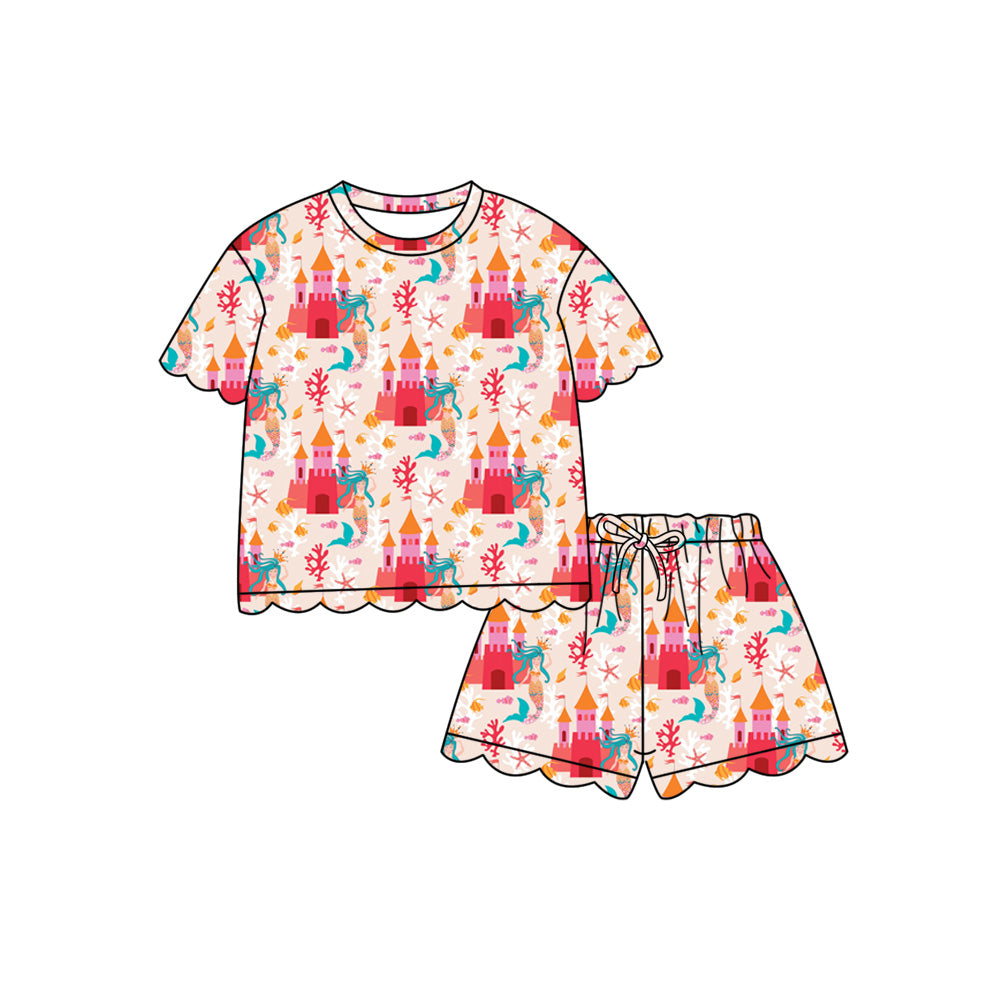 Preorder (moq 5)Baby Girls Castle Mermaids Top Scallop Shorts Clothes Sets