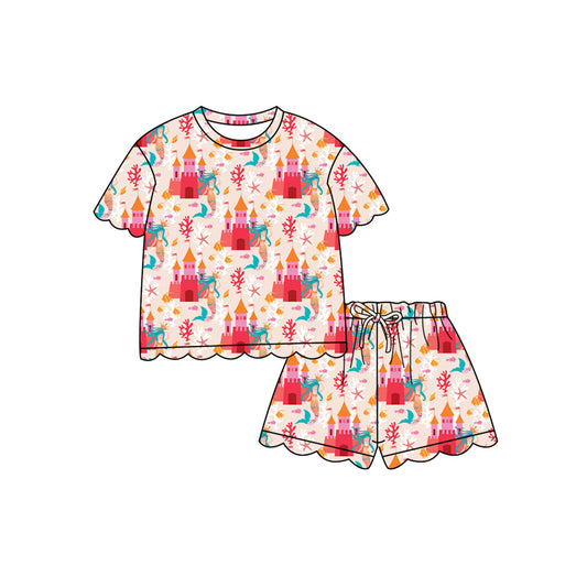 Preorder (moq 5)Baby Girls Castle Mermaids Top Scallop Shorts Clothes Sets