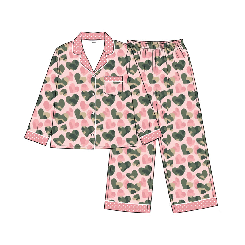 Preorder(moq5) Girls Valentine Pajama Set Geometric Pattern Lapel Button-Down Long Sleeve Top Pants Casual Soft Kids