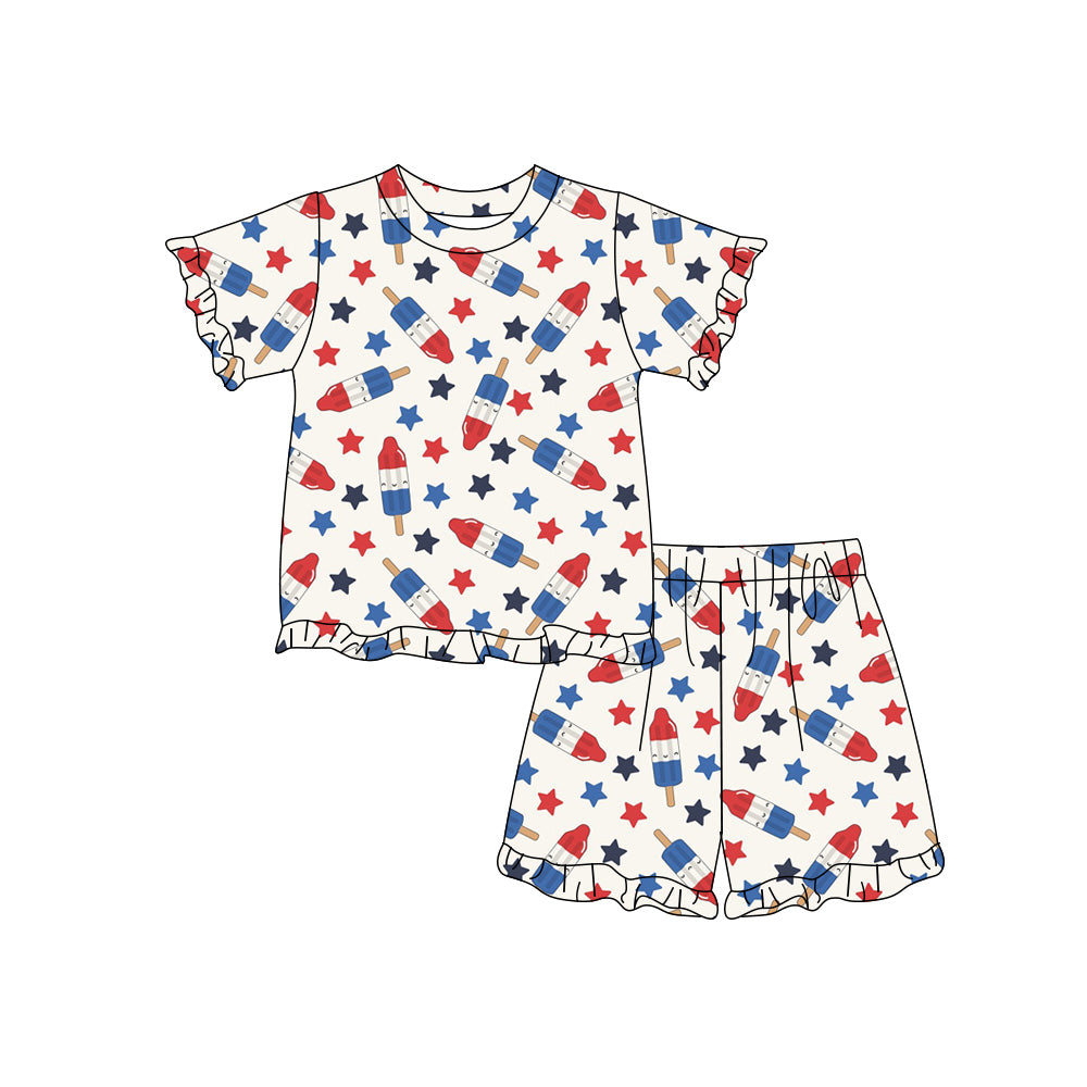 Preorder (moq 5)Baby Girls Stars Popsicle Top Ruffle Short 4th of July Clothes Sets