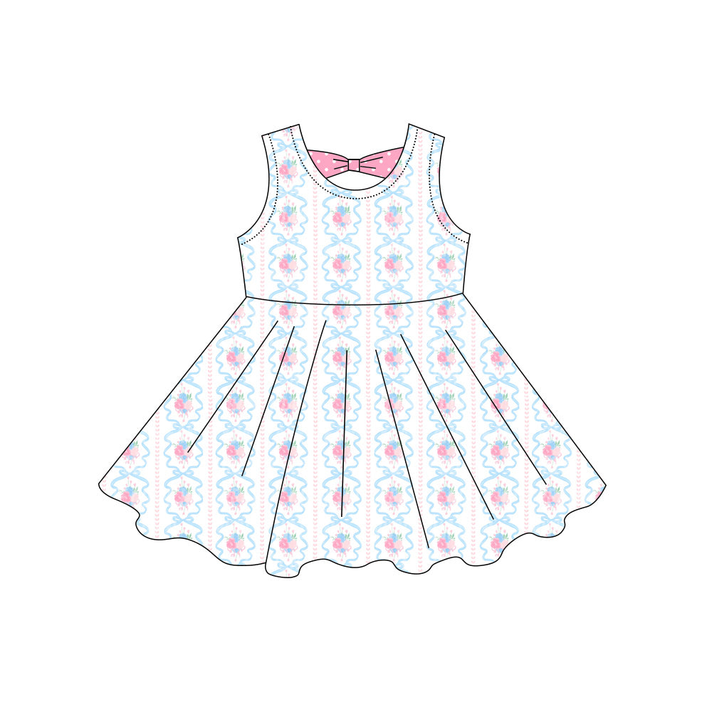 Preorder moq 5 Baby Girls Sleeveless Flowers Bows Stripe Knee Length Dresses