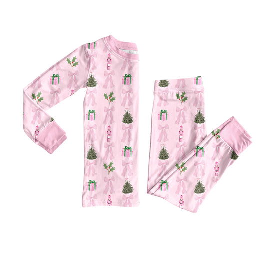 Preorder(moq 5) Baby Girls Christmas Pink Bow Soldier Top Pants Lounge Wear Pajamas Sets