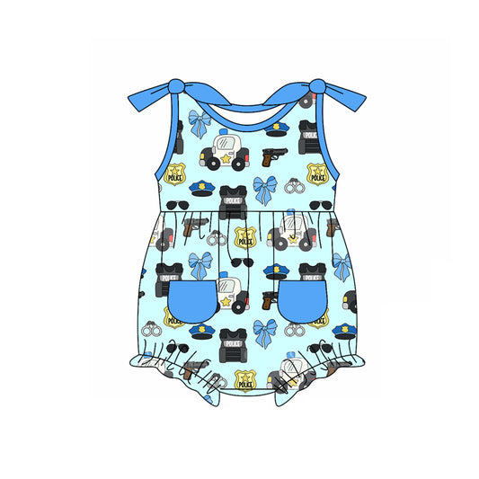 Preorder(moq 5)Baby Infant Girls Police Blue Bows Summer Rompers
