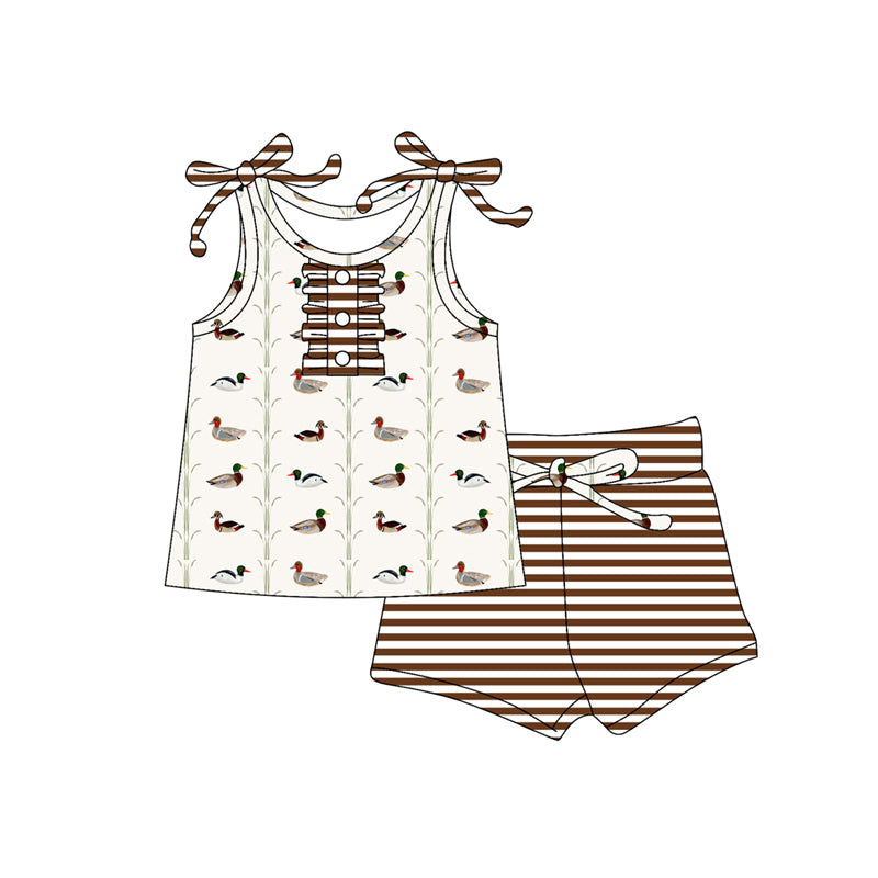 Preorder (moq 5)Baby Girls Strap Button Ducks Top Brown Stripe Short Set