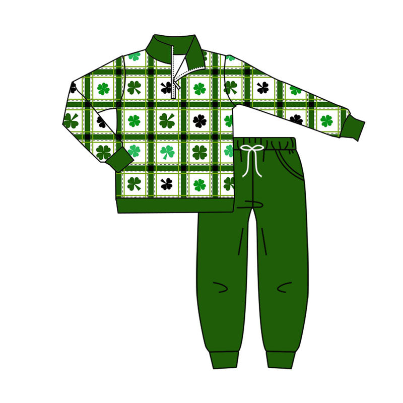 Preorder (moq 5)Baby Boys Clovers Checked Zipper Pullover Pockets Jogger St Patrick Clothes Sets