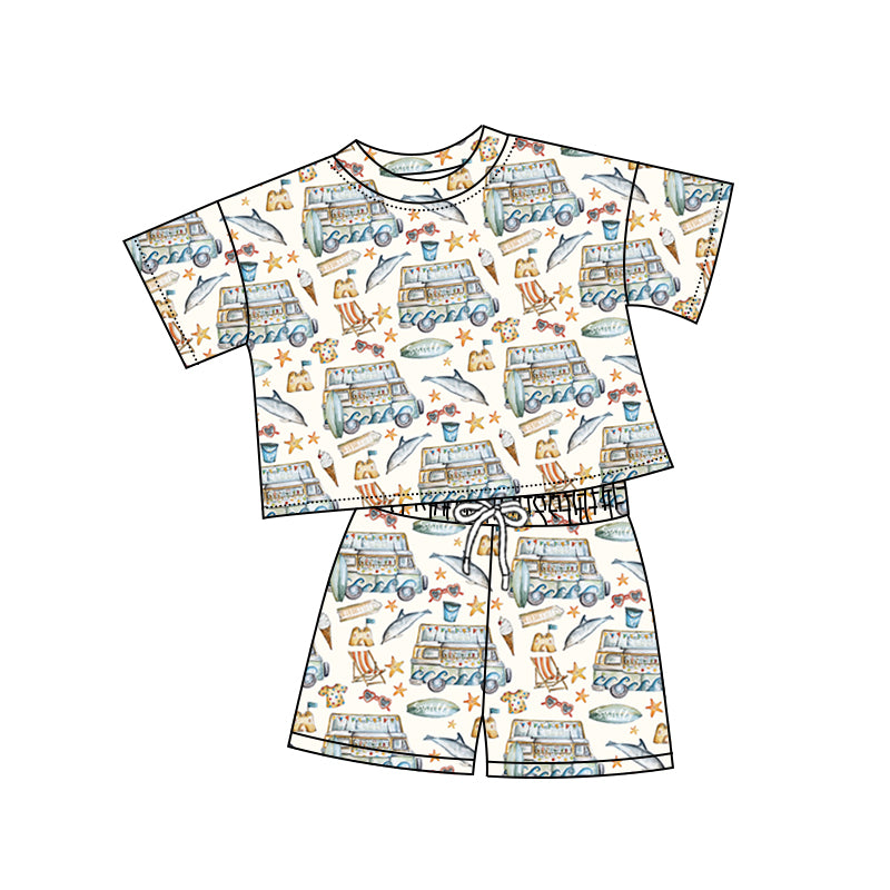 Preorder (moq 5)Baby Girls Short Sleeve Sea World Top Shorts Clothes Sets