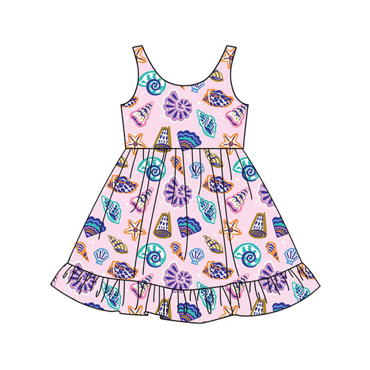 Preorder (moq 5)Baby Girls Lavender Sleeveless Colorful Sea World Knee Length Dress