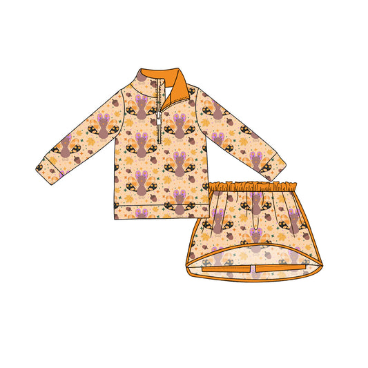 Preorder (moq 5)Baby Girls Turkey Leaves Zip Pullovers Top Skirt Short Thanksgiving Clothes Set