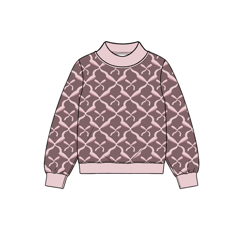 Preorder (moq 5) Baby Girl Clothes Pink Bow Lattice Geometric Print Long Sleeve Mock Neck Sweatshirt