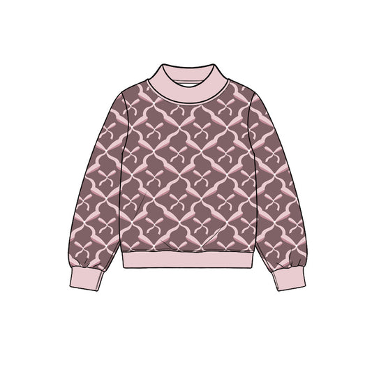 Preorder (moq 5) Baby Girl Clothes Pink Bow Lattice Geometric Print Long Sleeve Mock Neck Sweatshirt