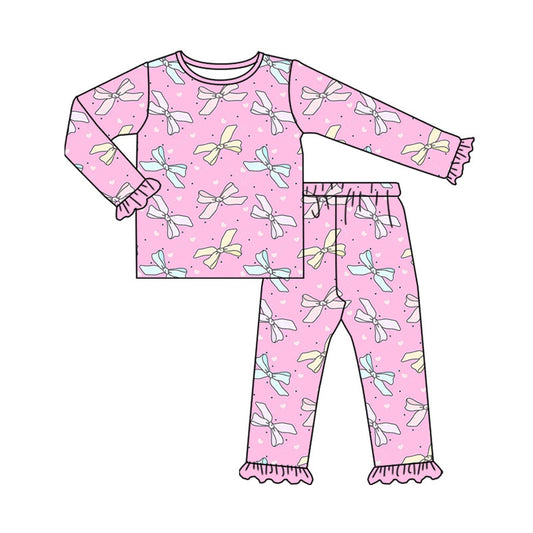 Preorder(moq 8)Baby Girls Long Sleeve Colorful Bows Hearts Top Ruffle Pants Pajamas Sets
