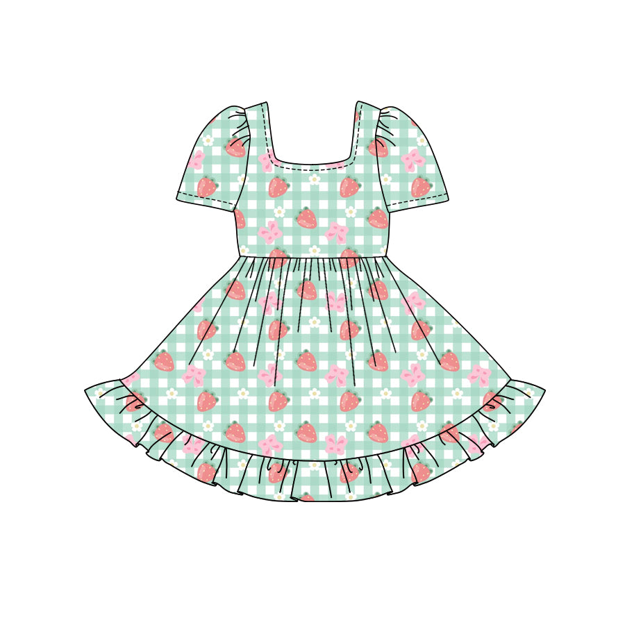 Preorder (moq 5)Baby Girls Green Plaid Short Sleeves Bows Strawberry Ruffle Knee Length Dresses