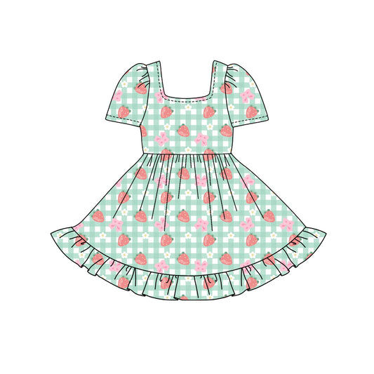 Preorder (moq 5)Baby Girls Green Plaid Short Sleeves Bows Strawberry Ruffle Knee Length Dresses