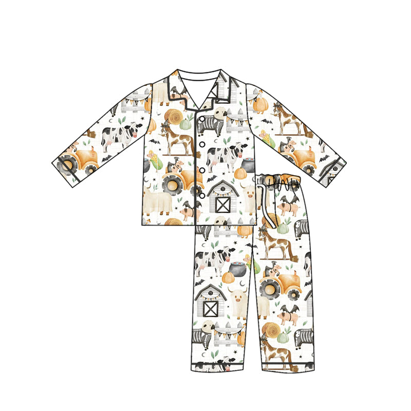 Preorder (moq 5)Baby Girls Western Farm Cows Buttons Top Pants Pajamas