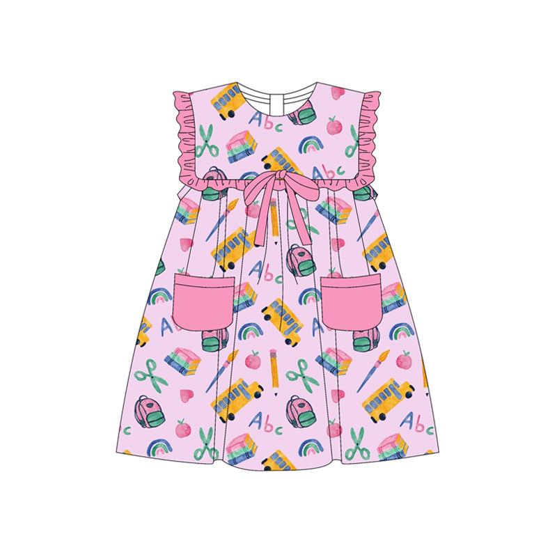Preorder (moq 5)Baby Girls Pink Sleeveless Peaches Pencils Pockets Knee Length Dresses