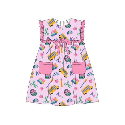 Preorder (moq 5)Baby Girls Pink Sleeveless Peaches Pencils Pockets Knee Length Dresses